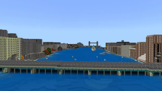 BlockMapで作ったマイクラのワールドの、テムズ川、タワーブリッジ、シティ・オブ・ロンドン