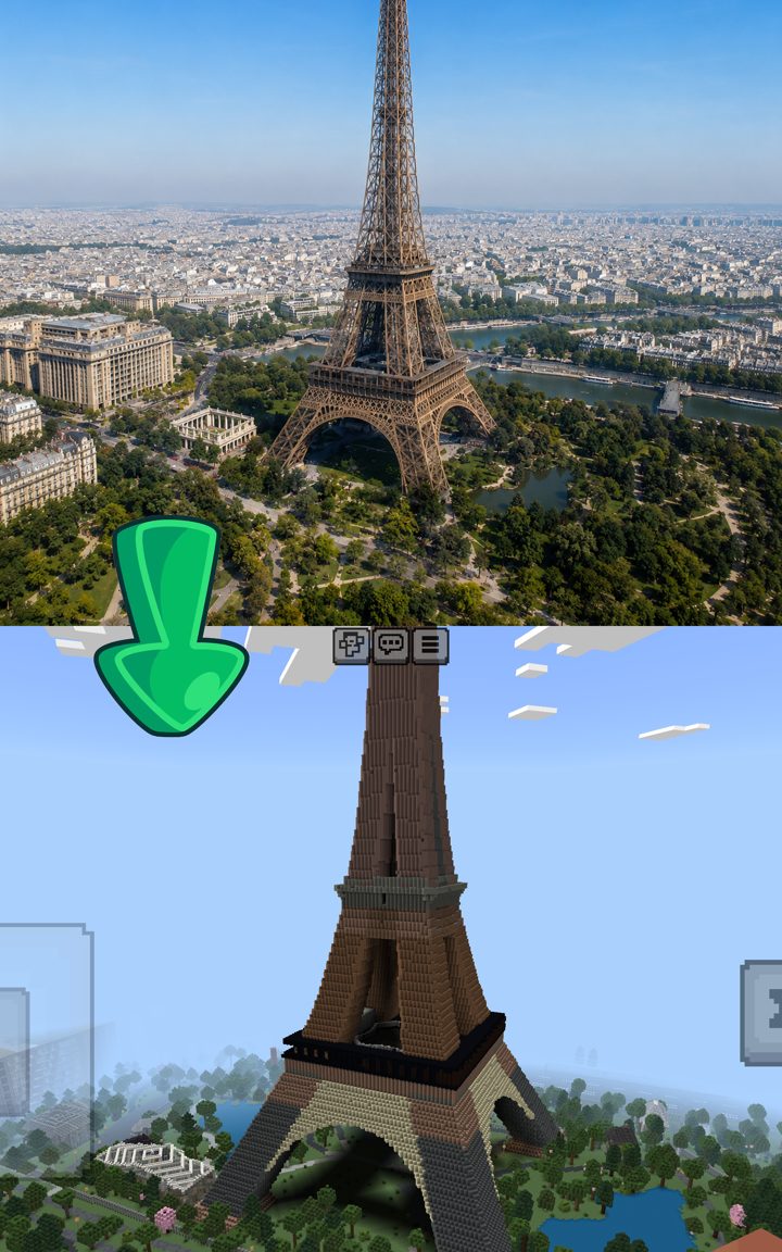 The Eiffel Tower in a photo and the same place generated as a Minecraft world